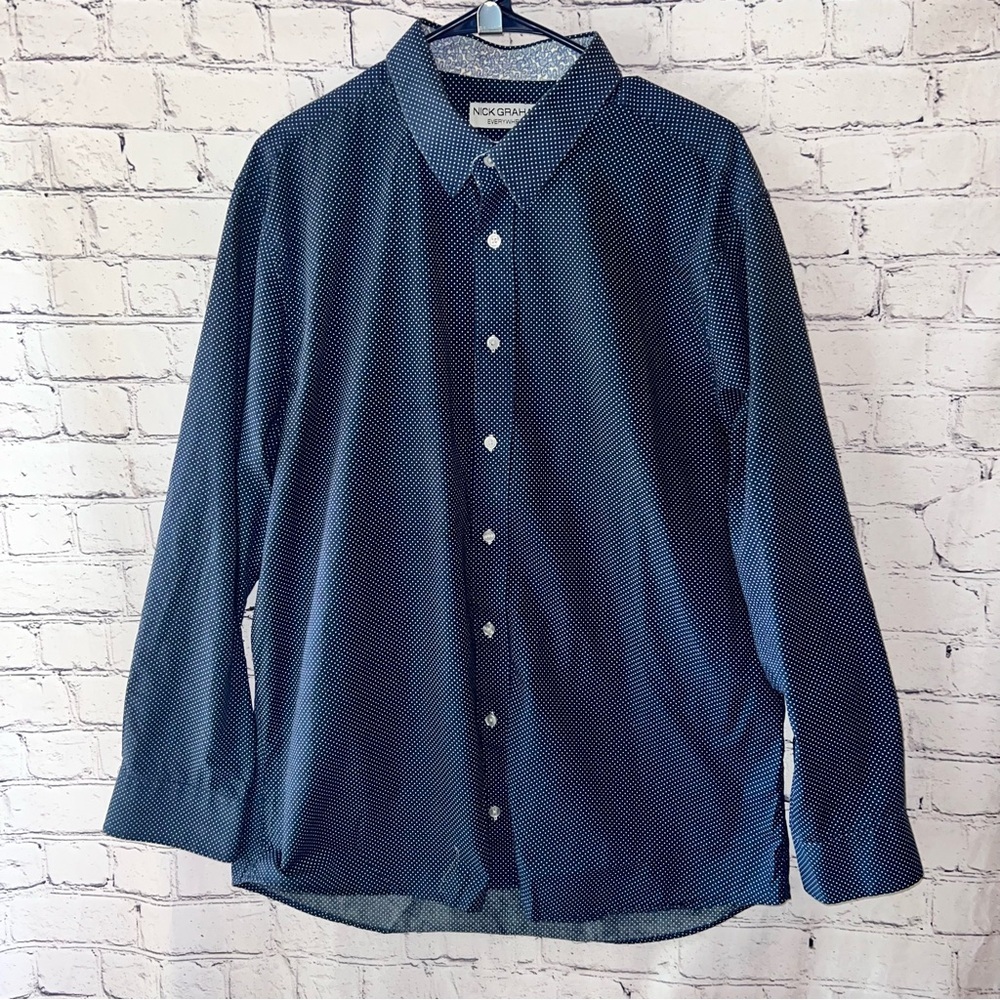 Nick Graham Men’s Button Down‎ Dress Shirt Navy Blue Floral Cuffs Size XL